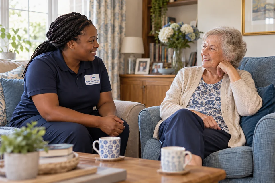 Illustrative photograph of a care worker wearing a Perfect Quality Care logo on her navy polo, talking with an older woman at home